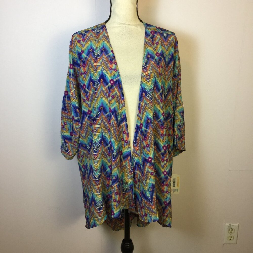 NWT Lularoe Lindsay Kimono Cover Up Top Sz M Womans Blue Printed Boho 3/4 Sleeve